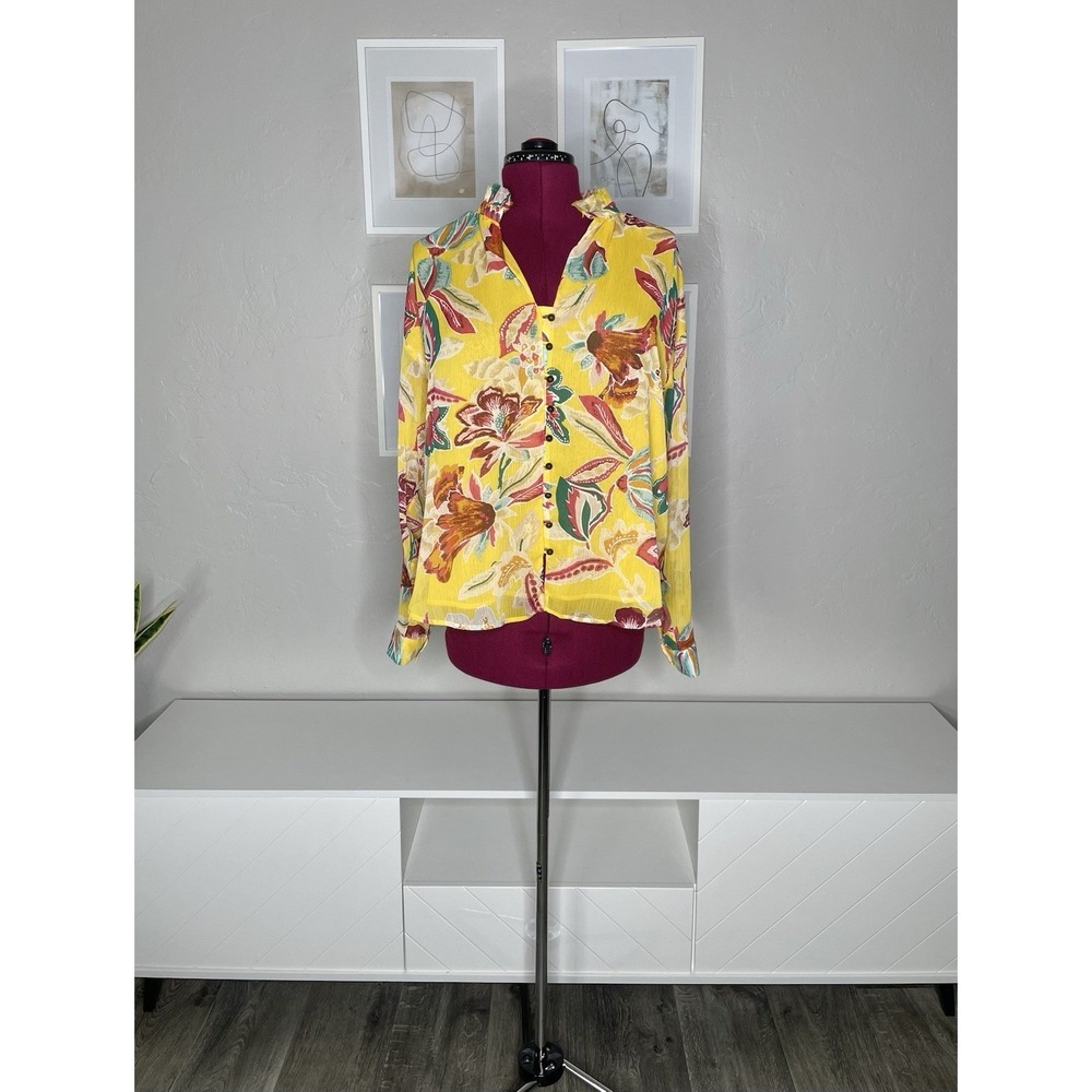 Pilcro Blouse Tavi Women's 1X Button Down Floral Yellow Motif Long Sleeve
